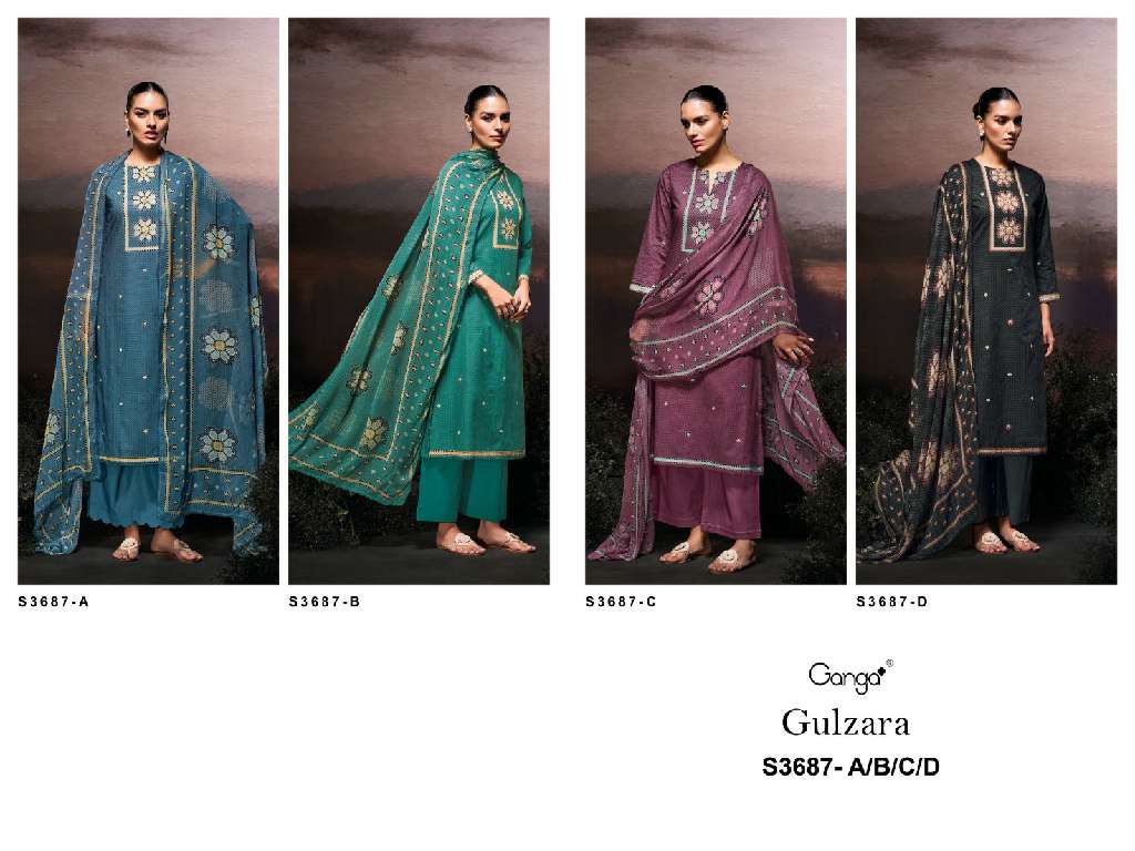 GANGA GULZARA S3687 WHOLESALE COTTON SATIN PRINTED WITH HAND WORK STYLISH LOOK DRESS