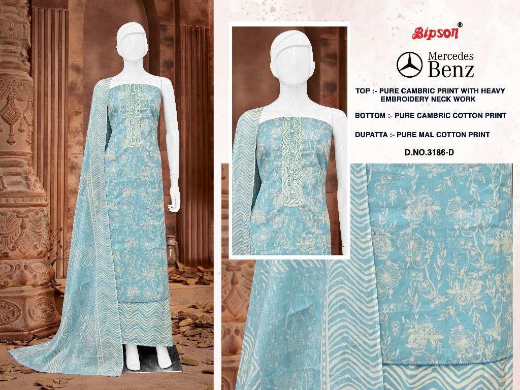 BIPSON MERCEDES D.NO 3186 WHOLESALE PURE COTTON CAMBRIC PRINT WITH ETHNIC HAND WORK DAILY WEAR DRESS MATERIAL