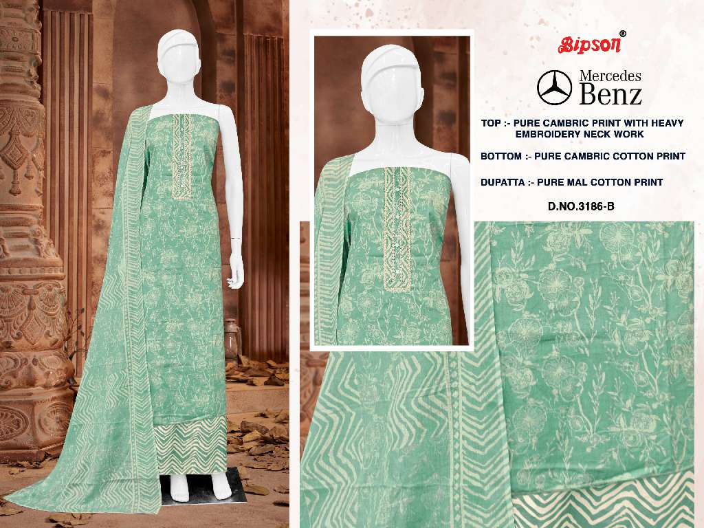 BIPSON MERCEDES D.NO 3186 WHOLESALE PURE COTTON CAMBRIC PRINT WITH ETHNIC HAND WORK DAILY WEAR DRESS MATERIAL