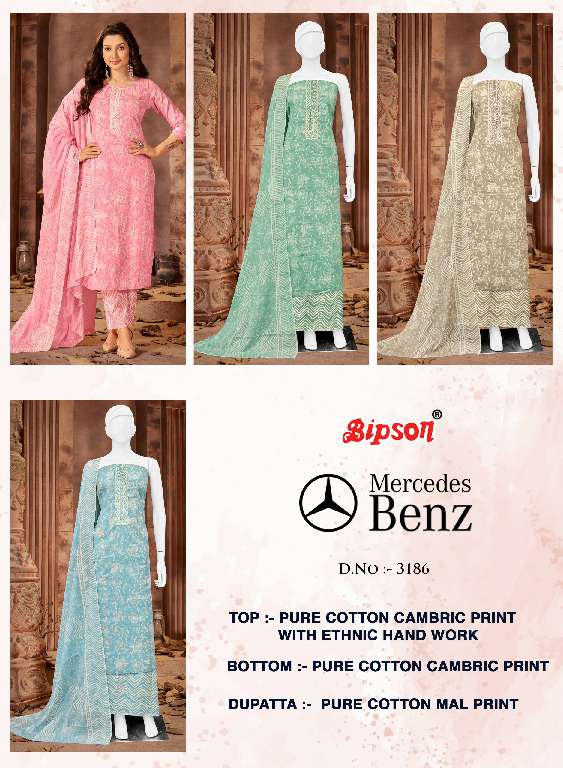 BIPSON MERCEDES D.NO 3186 WHOLESALE PURE COTTON CAMBRIC PRINT WITH ETHNIC HAND WORK DAILY WEAR DRESS MATERIAL