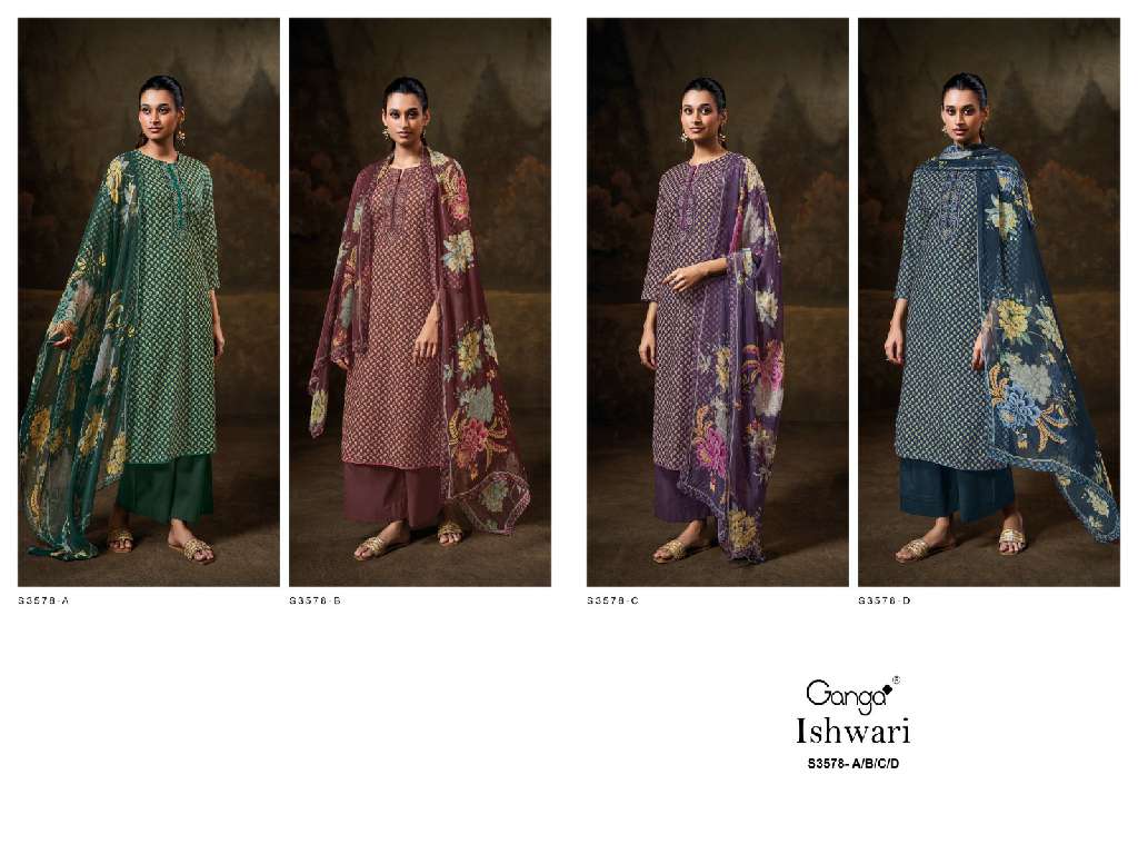 GANGA ISHWARI S3578 WHOLESALE PREMIUM COTTON PRINT WITH WORK DESIGNER 3 PCS DRESS