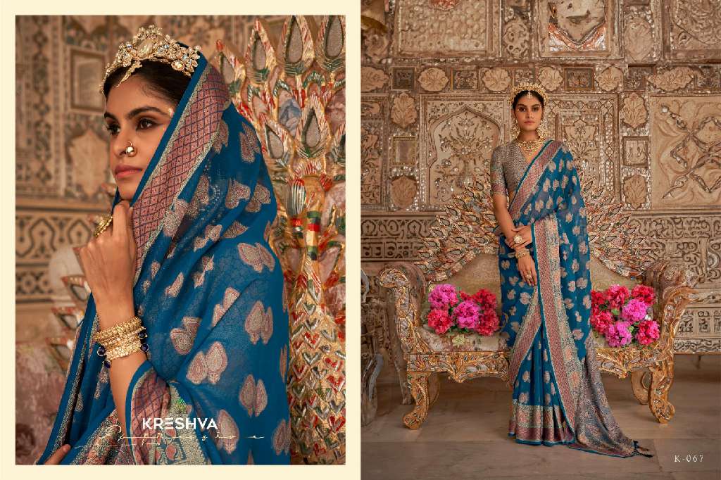 KRESHVA UPNYAAS WHOLESALE GEORGETTE WITH WEAVING BUTA BORDER PALLU PARTY WEAR SAREES FOR WOMNES