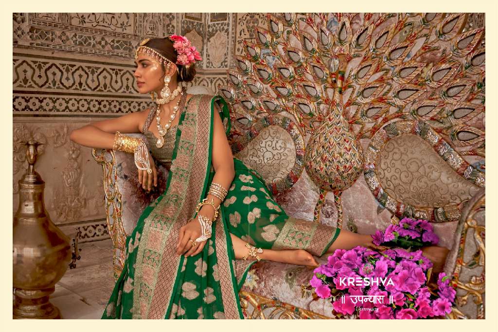 KRESHVA UPNYAAS WHOLESALE GEORGETTE WITH WEAVING BUTA BORDER PALLU PARTY WEAR SAREES FOR WOMNES
