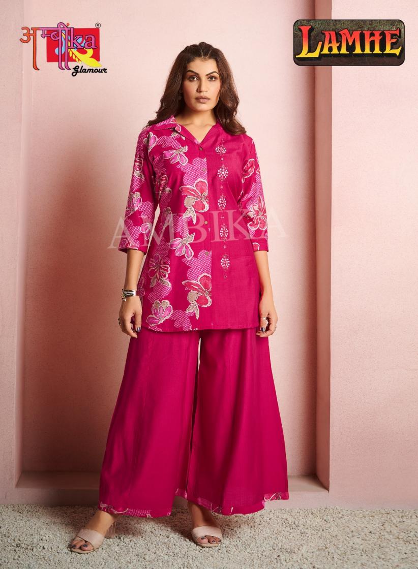 AMBIKA LAMHE VERTICAN CLASSIC LOOK FULLY STITCH KURTI WITH PLAZZO COMBO SETS