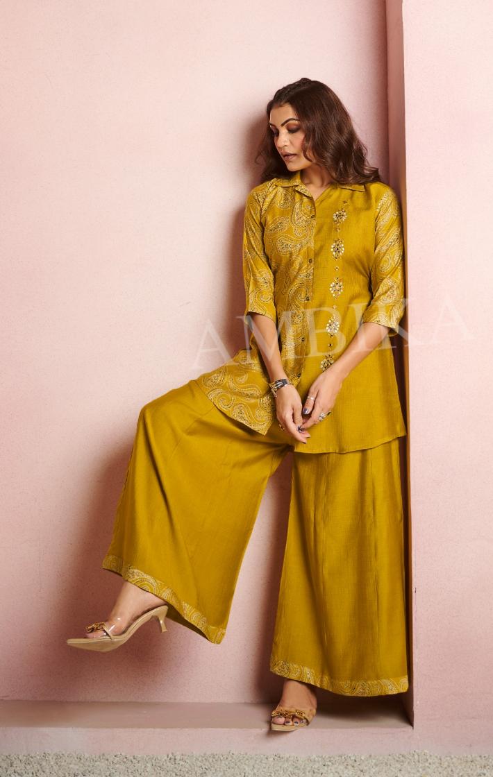 AMBIKA LAMHE VERTICAN CLASSIC LOOK FULLY STITCH KURTI WITH PLAZZO COMBO SETS