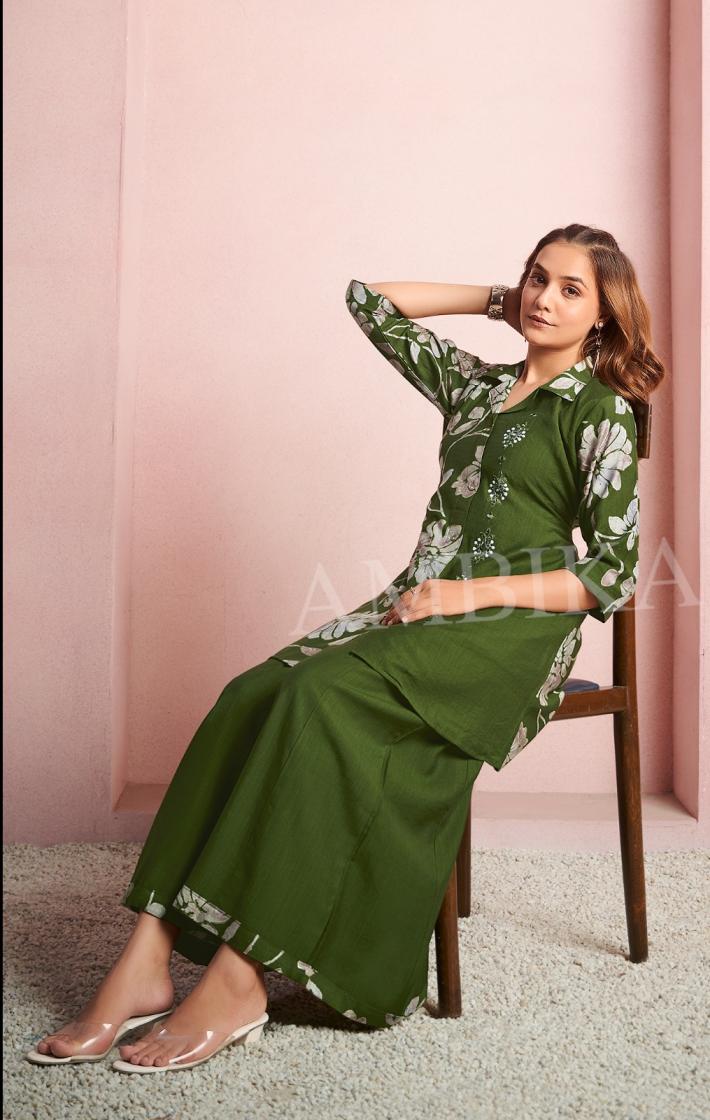 AMBIKA LAMHE VERTICAN CLASSIC LOOK FULLY STITCH KURTI WITH PLAZZO COMBO SETS