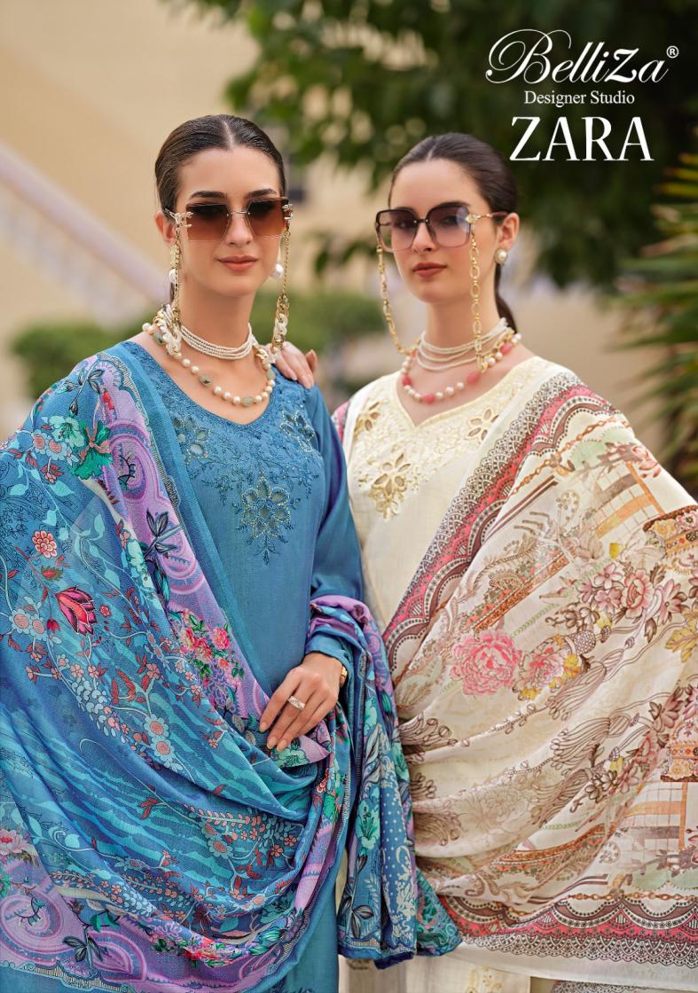 ZARA BY BELLIZA DESIGNER ROMAN SILK WITH EMBROIDERY WORK ELEGANCE 3PCS DRESS MATERIAL