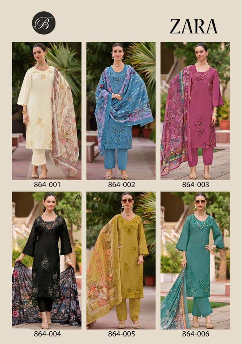 ZARA BY BELLIZA DESIGNER ROMAN SILK WITH EMBROIDERY WORK ELEGANCE 3PCS DRESS MATERIAL