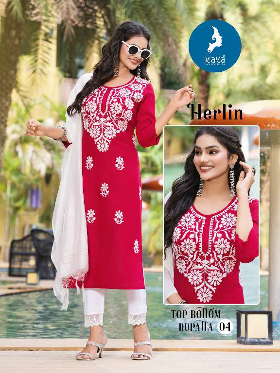 HERLIN BY KAYA WHOLESALE RAYON SLUB WITH WORK READYMADE BIG SIZE CLASSY LOOK 3 PCS DRESS