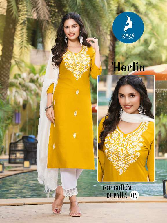 HERLIN BY KAYA WHOLESALE RAYON SLUB WITH WORK READYMADE BIG SIZE CLASSY LOOK 3 PCS DRESS