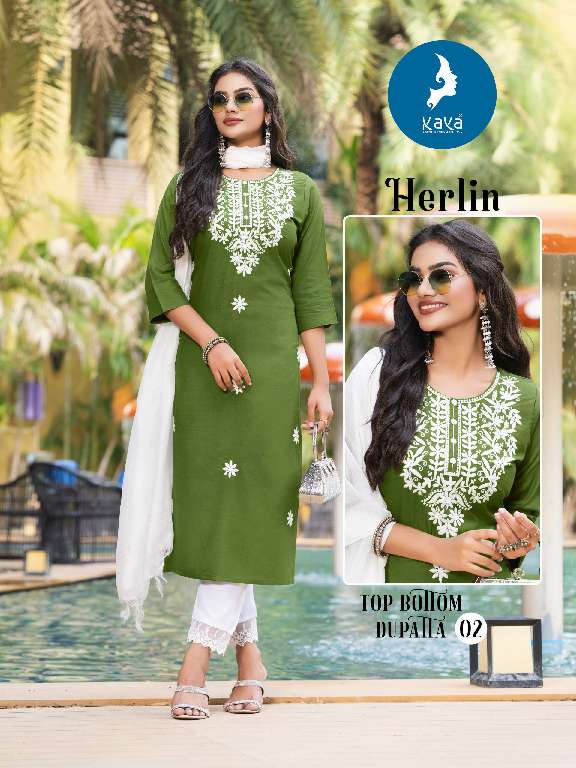 HERLIN BY KAYA WHOLESALE RAYON SLUB WITH WORK READYMADE BIG SIZE CLASSY LOOK 3 PCS DRESS