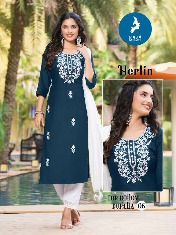 HERLIN BY KAYA WHOLESALE RAYON SLUB WITH WORK READYMADE BIG SIZE CLASSY LOOK 3 PCS DRESS