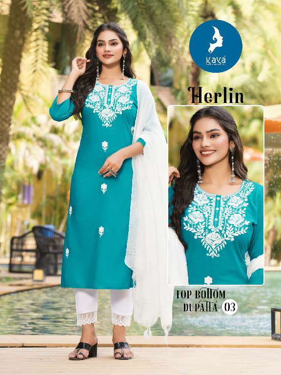 HERLIN BY KAYA WHOLESALE RAYON SLUB WITH WORK READYMADE BIG SIZE CLASSY LOOK 3 PCS DRESS
