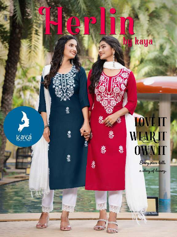 HERLIN BY KAYA WHOLESALE RAYON SLUB WITH WORK READYMADE BIG SIZE CLASSY LOOK 3 PCS DRESS