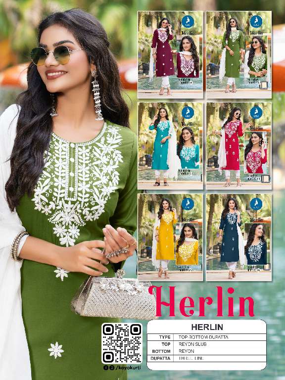 HERLIN BY KAYA WHOLESALE RAYON SLUB WITH WORK READYMADE BIG SIZE CLASSY LOOK 3 PCS DRESS