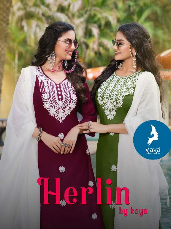 HERLIN BY KAYA WHOLESALE RAYON SLUB WITH WORK READYMADE BIG SIZE CLASSY LOOK 3 PCS DRESS
