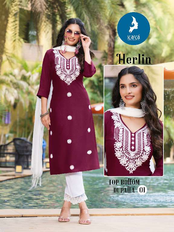 HERLIN BY KAYA WHOLESALE RAYON SLUB WITH WORK READYMADE BIG SIZE CLASSY LOOK 3 PCS DRESS