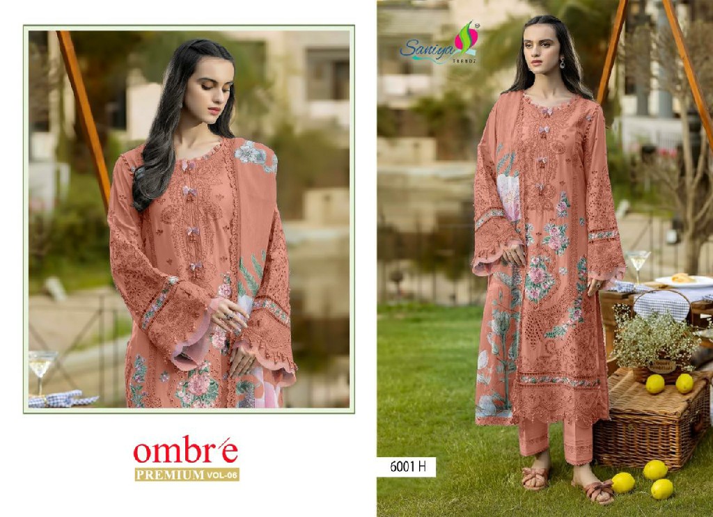 SANIYA TRENDZ OMBRE PREMIUM VOL 8 D.NO 6001 WHOLESALE COTTON CHIKANKARI EMBROIDERED UNSTITCH SALWAR SUITS SUPPLIER