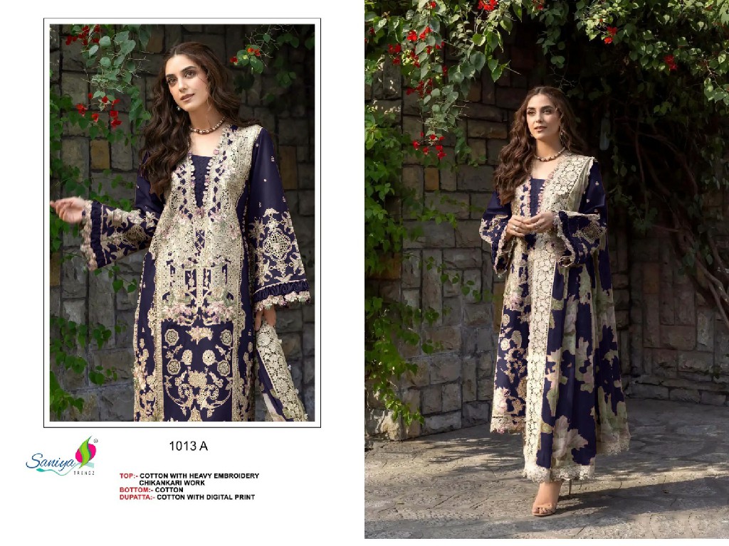 SANIYA TRENDZ D.NO 1013 WHOLESALE COTTON CHIKANKARI EMBROIDERED UNSTITCH SALWAR SUITS EXPORTER
