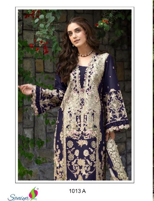 SANIYA TRENDZ D.NO 1013 WHOLESALE COTTON CHIKANKARI EMBROIDERED UNSTITCH SALWAR SUITS EXPORTER