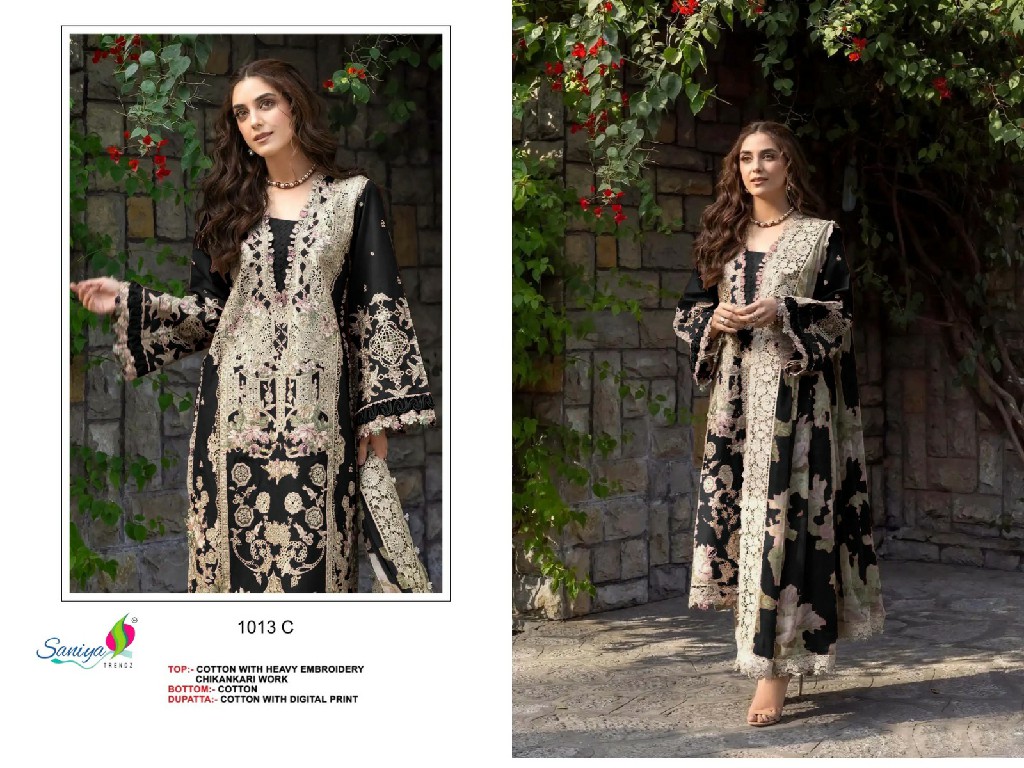 SANIYA TRENDZ D.NO 1013 WHOLESALE COTTON CHIKANKARI EMBROIDERED UNSTITCH SALWAR SUITS EXPORTER
