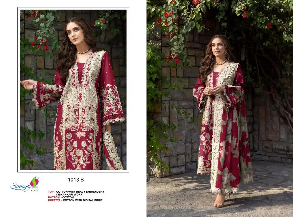 SANIYA TRENDZ D.NO 1013 WHOLESALE COTTON CHIKANKARI EMBROIDERED UNSTITCH SALWAR SUITS EXPORTER