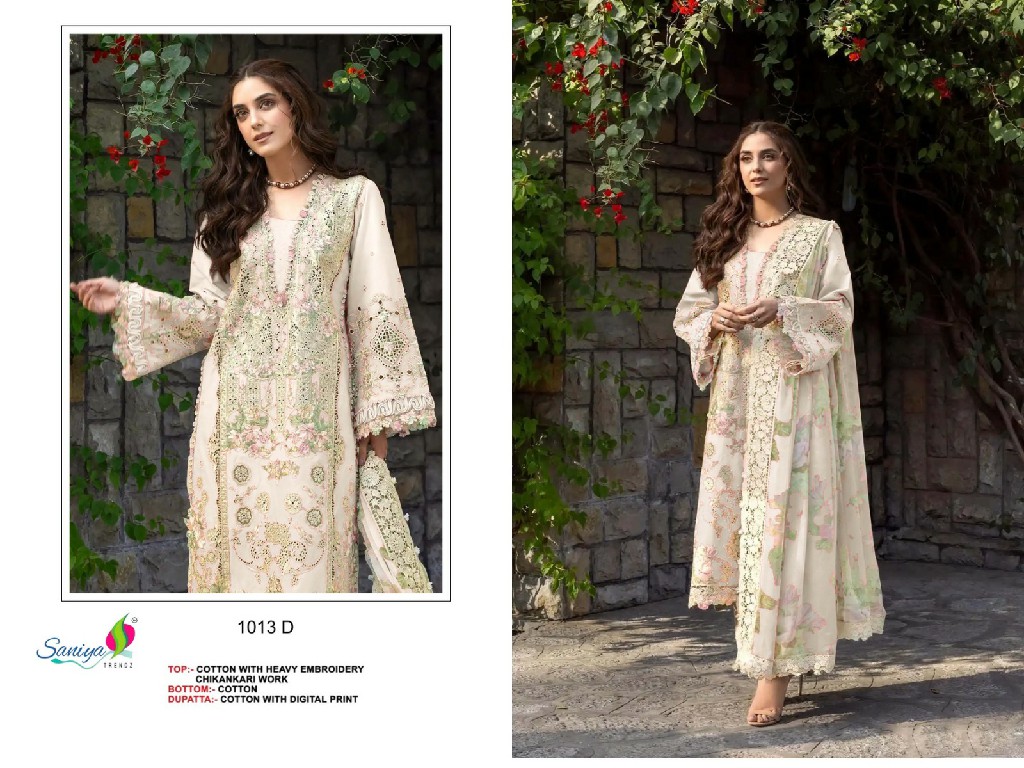 SANIYA TRENDZ D.NO 1013 WHOLESALE COTTON CHIKANKARI EMBROIDERED UNSTITCH SALWAR SUITS EXPORTER