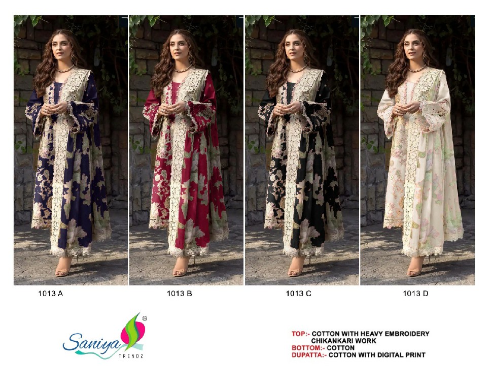 SANIYA TRENDZ D.NO 1013 WHOLESALE COTTON CHIKANKARI EMBROIDERED UNSTITCH SALWAR SUITS EXPORTER