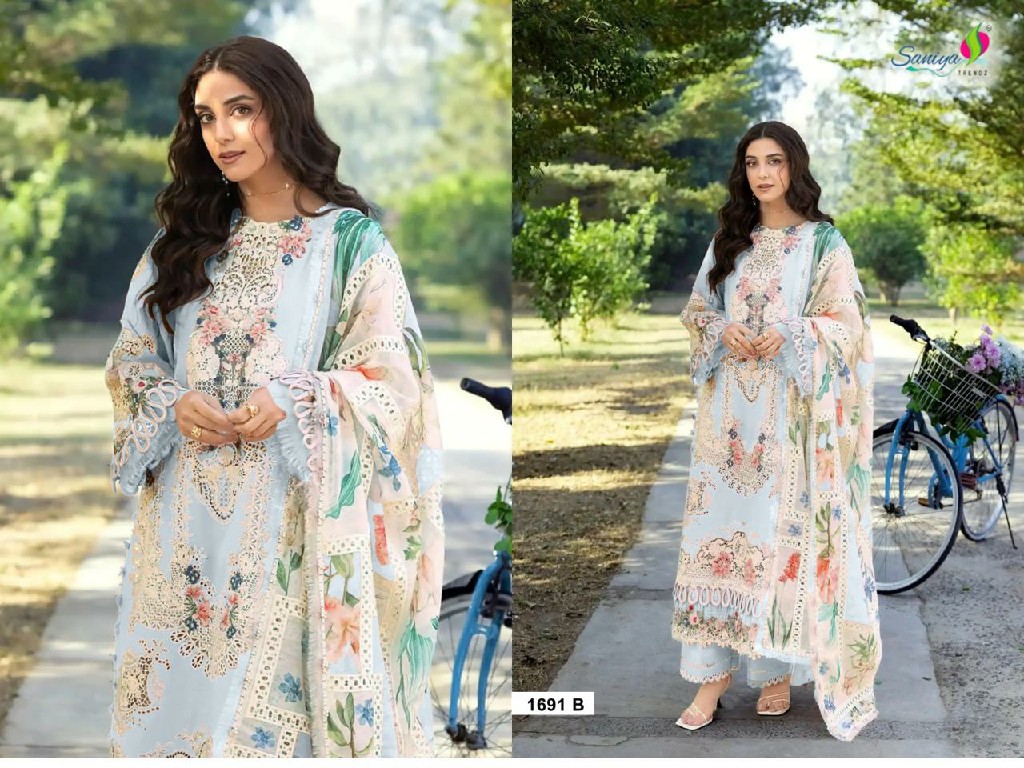 SANIYA TRENDZ D.NO 1691 WHOLESALE COTTON CHIKANKARI EMBROIDERED UNSTITCH SALWAR SUITS SUPPLIER