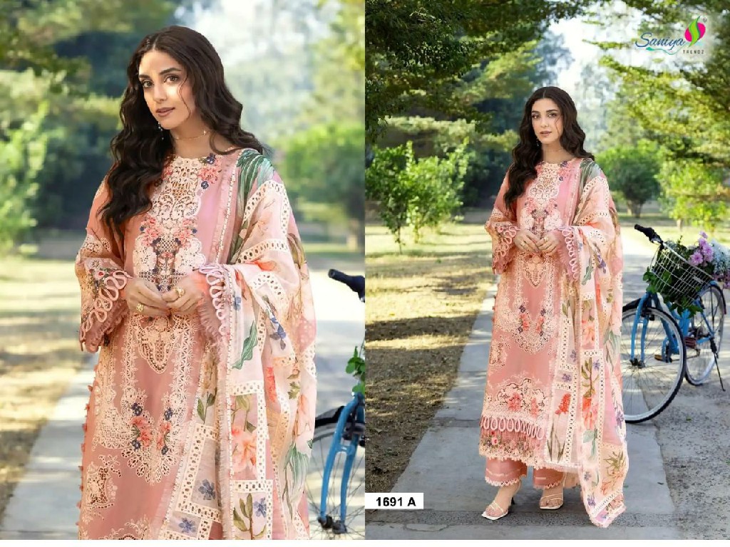 SANIYA TRENDZ D.NO 1691 WHOLESALE COTTON CHIKANKARI EMBROIDERED UNSTITCH SALWAR SUITS SUPPLIER