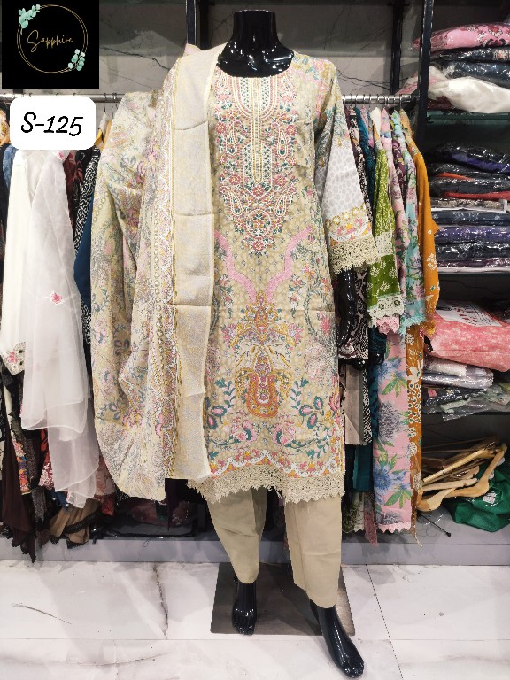 SAPPHIRE D.NO 125 WHOLESALE READYMADE LAWN EMBROIDERED BEAUTIFUL 3 PCS SUITS SUPPLIER