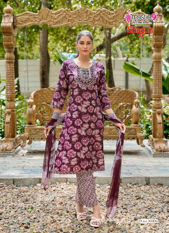 MYSTIC 9 SHAGUN VOL 30 WHOLESALE READYMADE RAYON CAPSULE FOIL PRINT TRENDY 3 PCS SUITS SUPPLIER