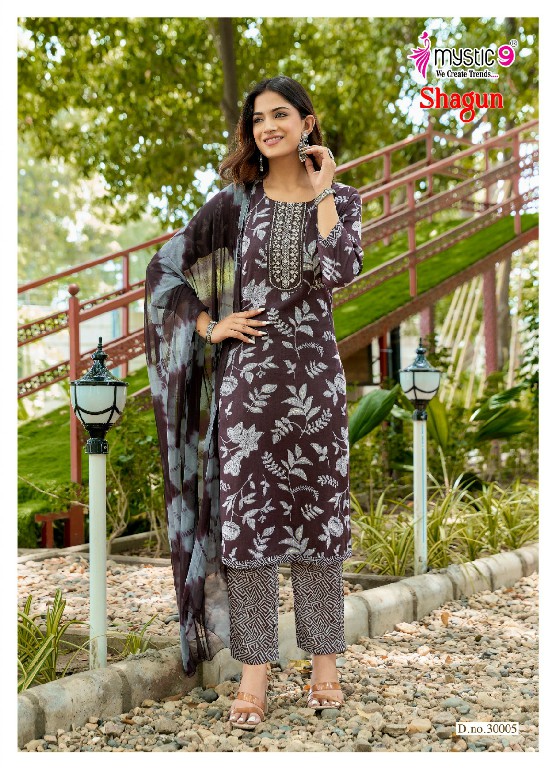 MYSTIC 9 SHAGUN VOL 30 WHOLESALE READYMADE RAYON CAPSULE FOIL PRINT TRENDY 3 PCS SUITS SUPPLIER