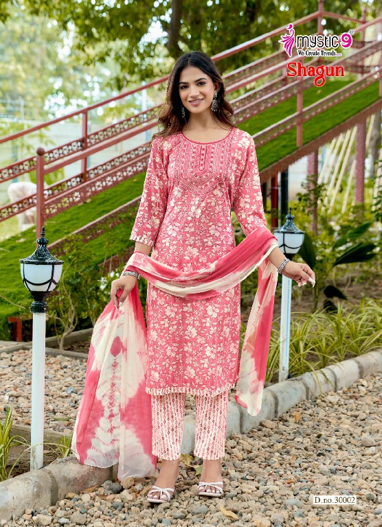 MYSTIC 9 SHAGUN VOL 30 WHOLESALE READYMADE RAYON CAPSULE FOIL PRINT TRENDY 3 PCS SUITS SUPPLIER