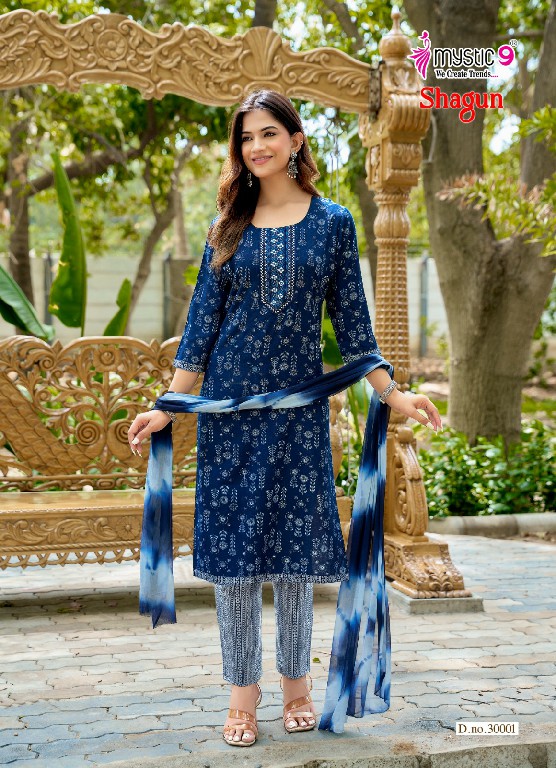 MYSTIC 9 SHAGUN VOL 30 WHOLESALE READYMADE RAYON CAPSULE FOIL PRINT TRENDY 3 PCS SUITS SUPPLIER