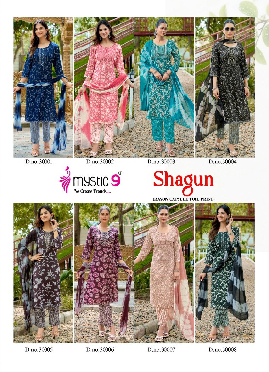MYSTIC 9 SHAGUN VOL 30 WHOLESALE READYMADE RAYON CAPSULE FOIL PRINT TRENDY 3 PCS SUITS SUPPLIER