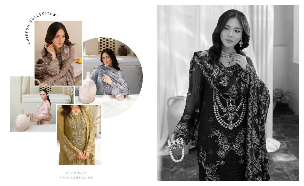 RAMSHA DASTAN VOL 5 WHOLESALE CHIFFON ORIGINAL PAKISTANI UNSTITCH SALWAR SUITS EXPORTER