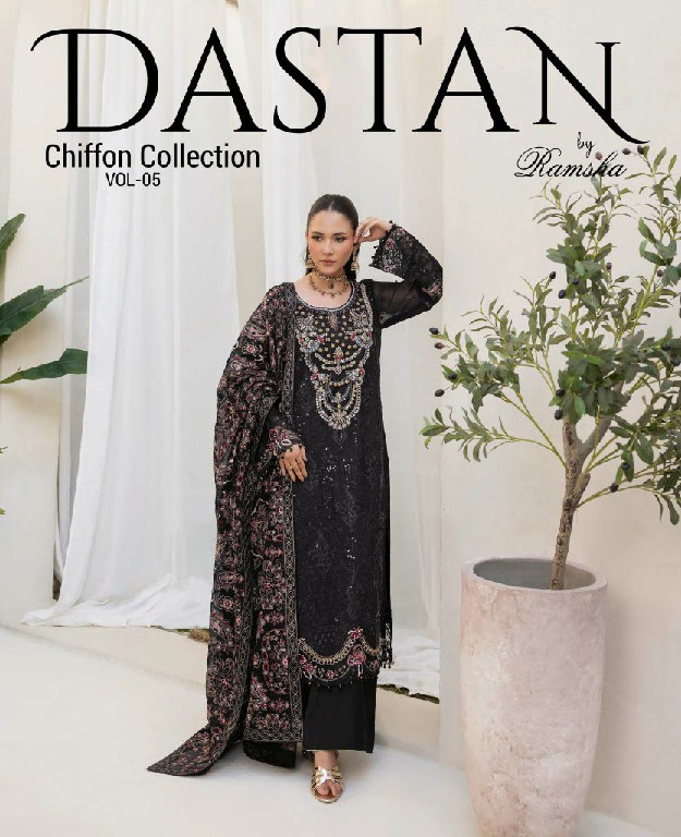 RAMSHA DASTAN VOL 5 WHOLESALE CHIFFON ORIGINAL PAKISTANI UNSTITCH SALWAR SUITS EXPORTER
