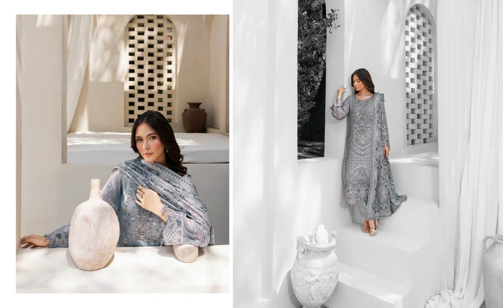 RAMSHA DASTAN VOL 5 WHOLESALE CHIFFON ORIGINAL PAKISTANI UNSTITCH SALWAR SUITS EXPORTER