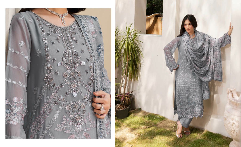 RAMSHA DASTAN VOL 5 WHOLESALE CHIFFON ORIGINAL PAKISTANI UNSTITCH SALWAR SUITS EXPORTER