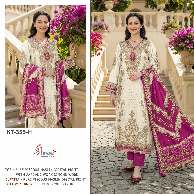 SHREE FABS D.NO KT-355H WHOLESALE VISCOSE MUSLIN BEAUTIFUL UNSTITCH SALWAR SUITS EXPORTER