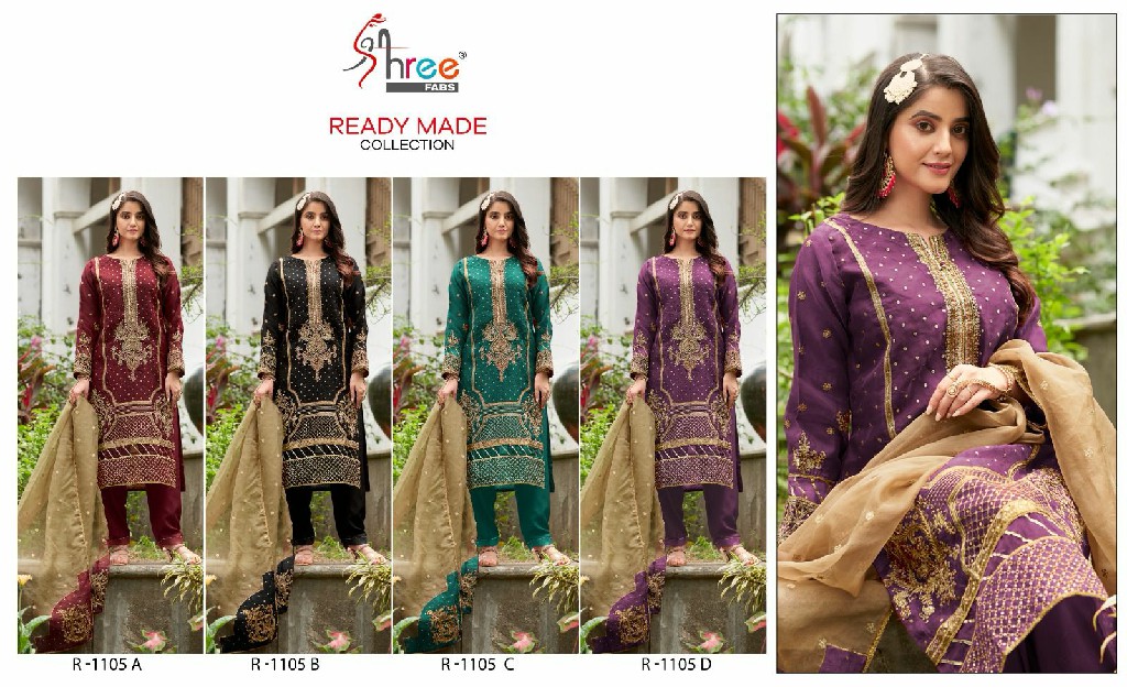 SHREE FABS R-1105 WHOLESALE READYMADE ORGANZA KASAK KHATLI WORK PAKISTANI 3 PCS SUITS EXPORTER