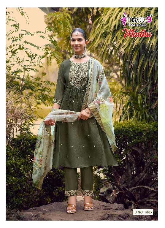 MYSTIC 9 MADHU VOL 1 WHOLESALE READYMADE MUL CHANDERI FLARED CUT EXCLUSIVE 3 PCS SUITS EXPORTER