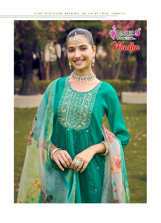 MYSTIC 9 MADHU VOL 1 WHOLESALE READYMADE MUL CHANDERI FLARED CUT EXCLUSIVE 3 PCS SUITS EXPORTER