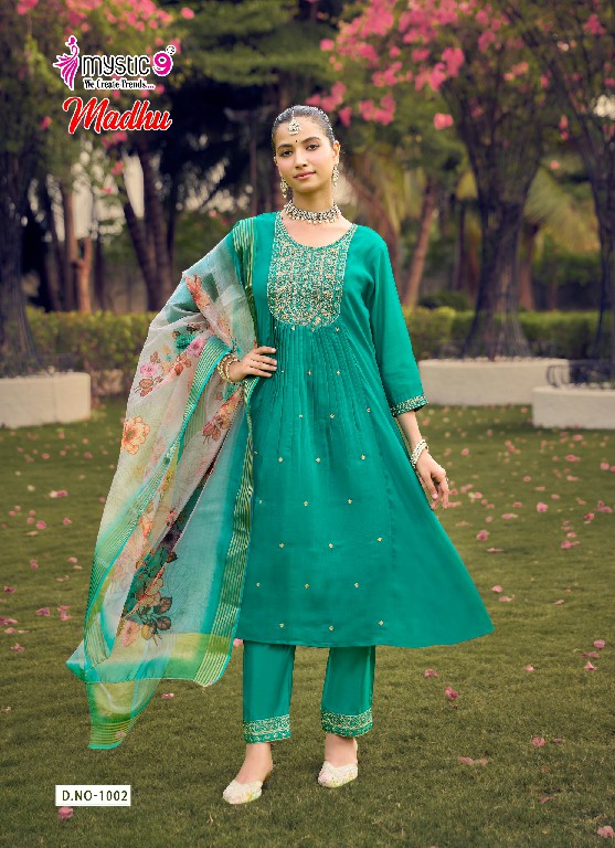 MYSTIC 9 MADHU VOL 1 WHOLESALE READYMADE MUL CHANDERI FLARED CUT EXCLUSIVE 3 PCS SUITS EXPORTER