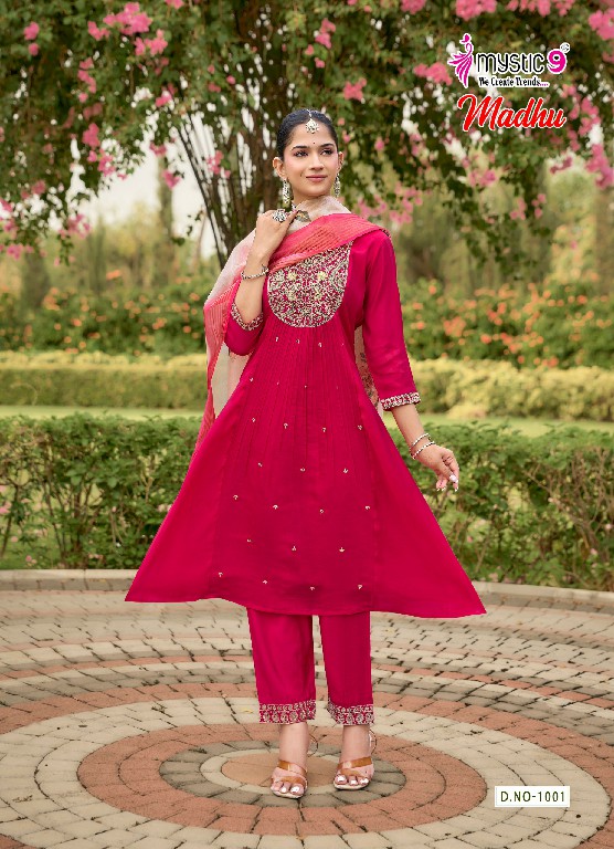 MYSTIC 9 MADHU VOL 1 WHOLESALE READYMADE MUL CHANDERI FLARED CUT EXCLUSIVE 3 PCS SUITS EXPORTER