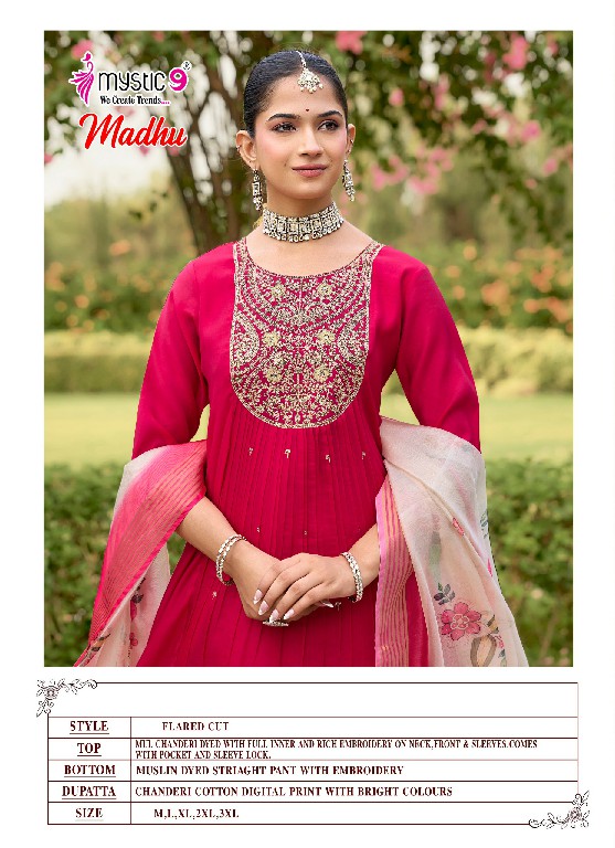 MYSTIC 9 MADHU VOL 1 WHOLESALE READYMADE MUL CHANDERI FLARED CUT EXCLUSIVE 3 PCS SUITS EXPORTER