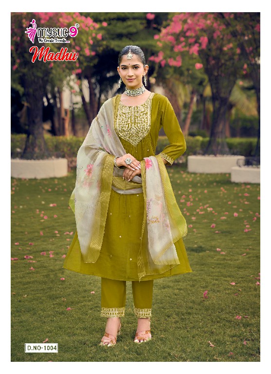 MYSTIC 9 MADHU VOL 1 WHOLESALE READYMADE MUL CHANDERI FLARED CUT EXCLUSIVE 3 PCS SUITS EXPORTER
