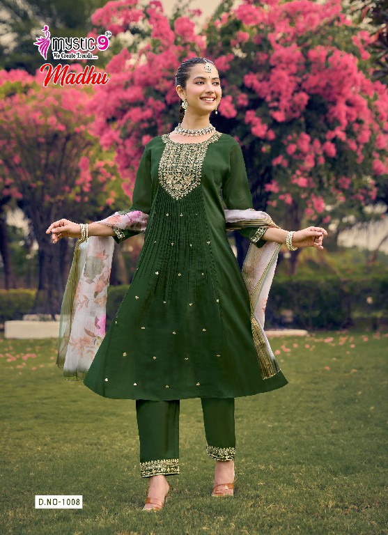 MYSTIC 9 MADHU VOL 1 WHOLESALE READYMADE MUL CHANDERI FLARED CUT EXCLUSIVE 3 PCS SUITS EXPORTER