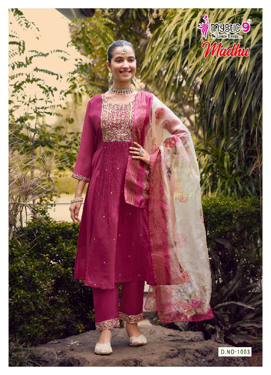 MYSTIC 9 MADHU VOL 1 WHOLESALE READYMADE MUL CHANDERI FLARED CUT EXCLUSIVE 3 PCS SUITS EXPORTER
